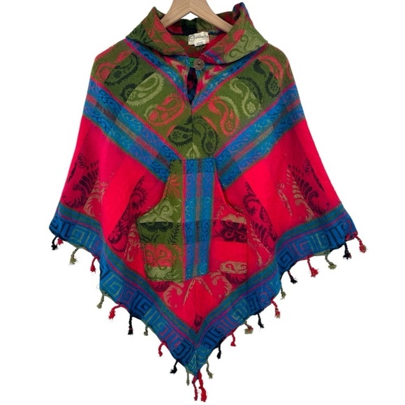 Siddhartha Women's Colorful Pullover Hooded Knit Poncho - Red Blue - One Size - Picture 2 of 5